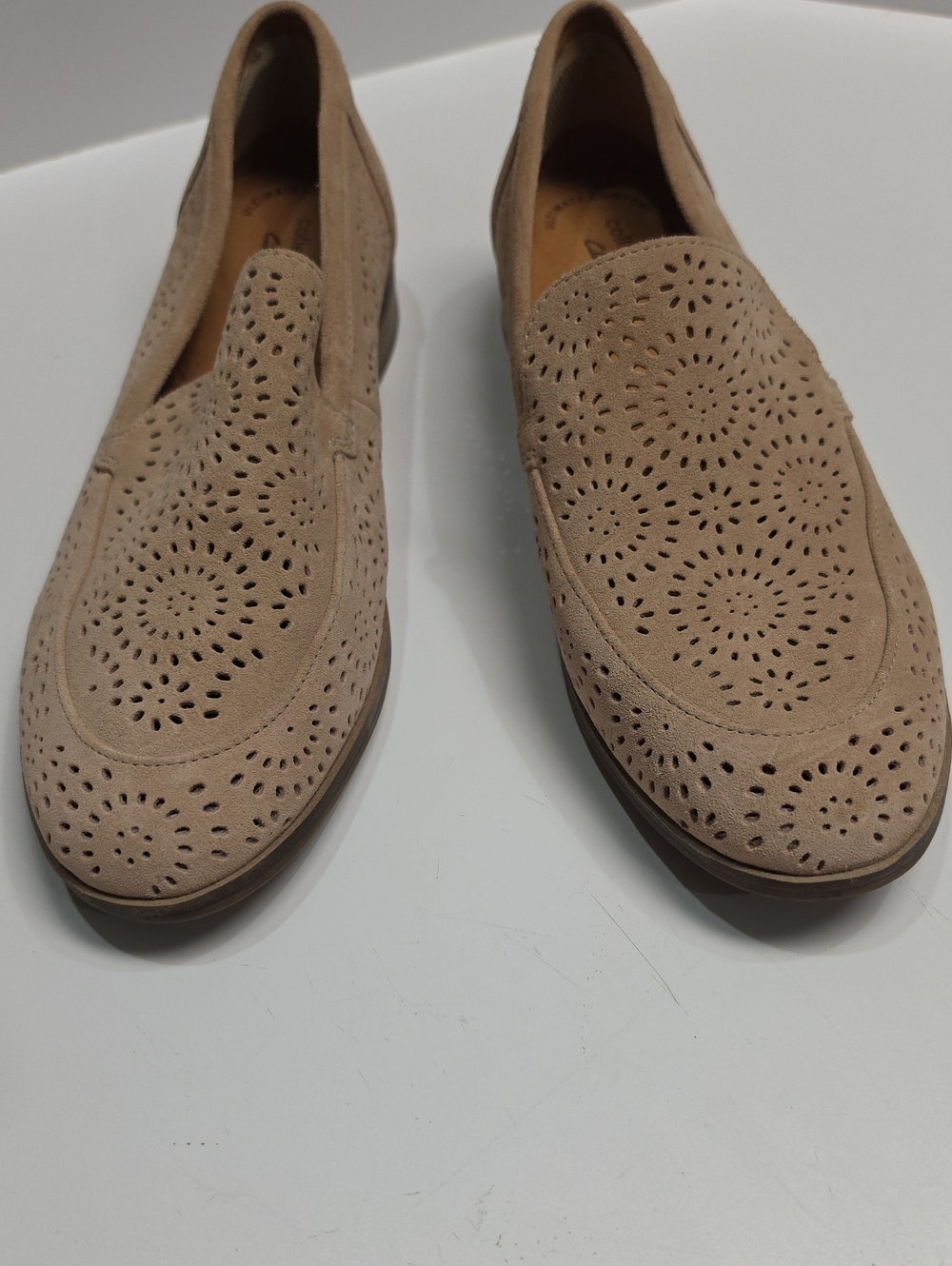 Clarks Collection Trish Calla Sand Suede Laser Cut Loafers Flats - Size 10